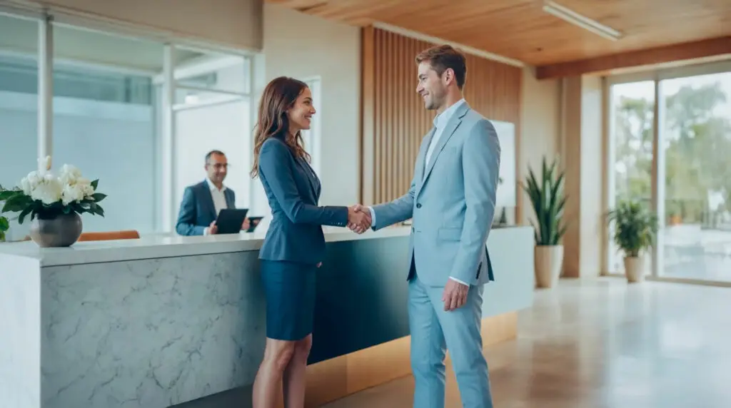 Two people in business attire shaking hands in a modern office lobby with a marble reception desk and potted plants
