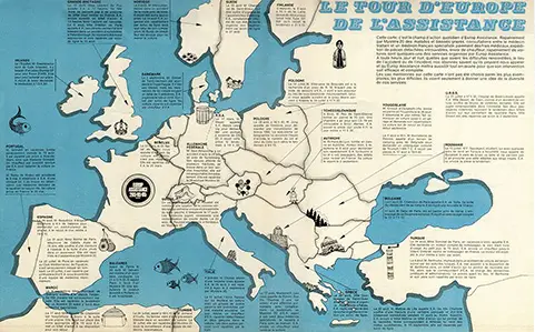 Vintage illustrated map titled 'Le Tour d’Europe de l’Assistance,' showing a stylized map of Europe with country outlines, icons representing local features, and descriptive text blocks about assistance services in different regions
