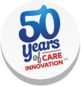 Circular badge with text '50 Years of Care Innovation' in blue and red lettering on a white background