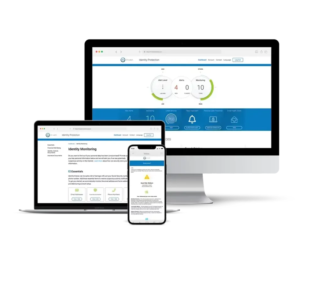 Desktop monitor, laptop, and smartphone displaying an identity protection dashboard with charts and monitoring details