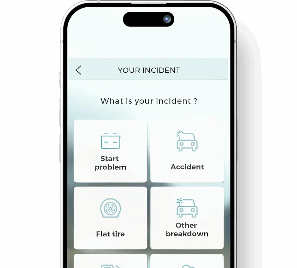 Smartphone screen displaying an app interface titled 'Your Incident' with options for Start problem, Accident, Flat tire, and Other breakdown