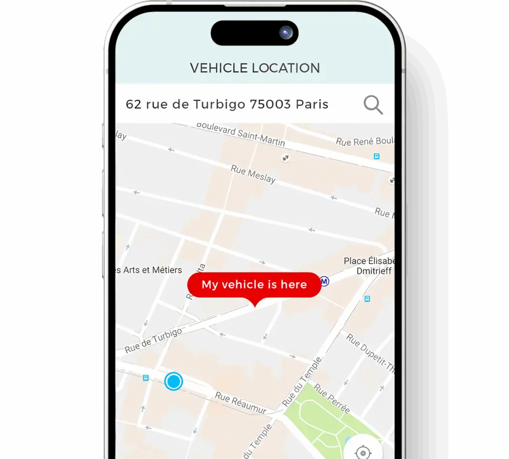 Smartphone screen showing a map with a red marker labeled 'My vehicle is here' near 62 rue de Turbigo, 75003 Paris
